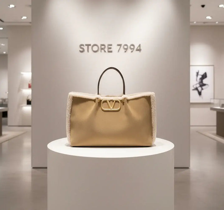 Beige handbag with shearling trim and gold logo on a white background