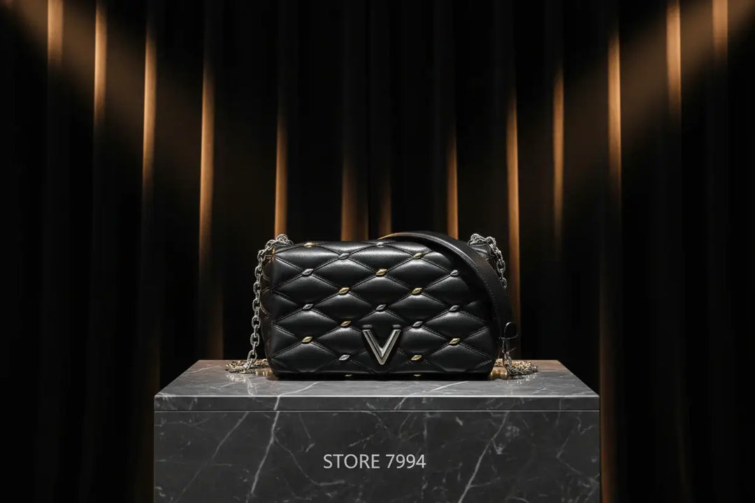 Black quilted handbag with gold studs and a visible brand logo on a black background