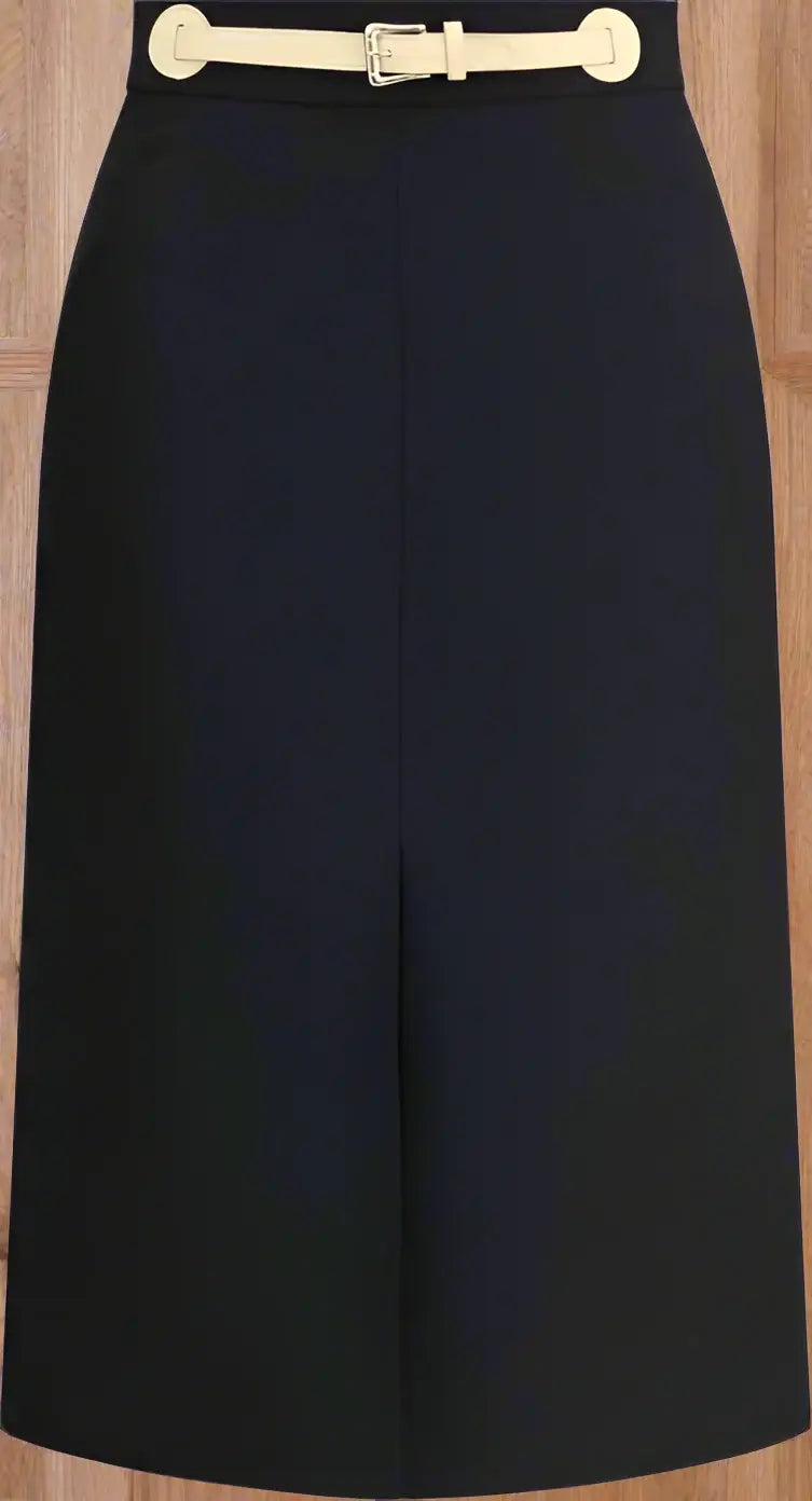Black skirt with a gold buckle on a white background