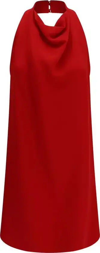Red halter neck dress with a draped neckline on a plain background