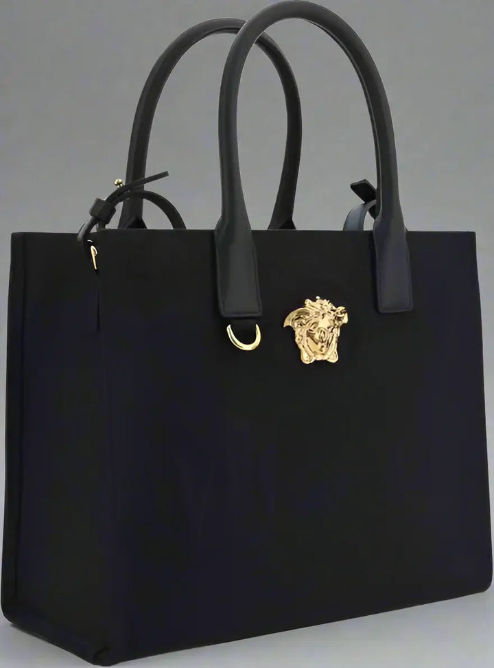 VERSACE women's black Cotton Medusa plaque Shoulder Bag
