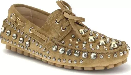 Beige loafer with gold studs on a white background