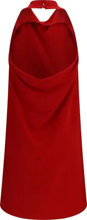 Red halter neck dress with draped front design on a plain background