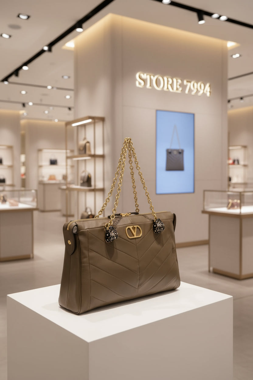 Brown handbag with gold chain and decorative elements on a white background