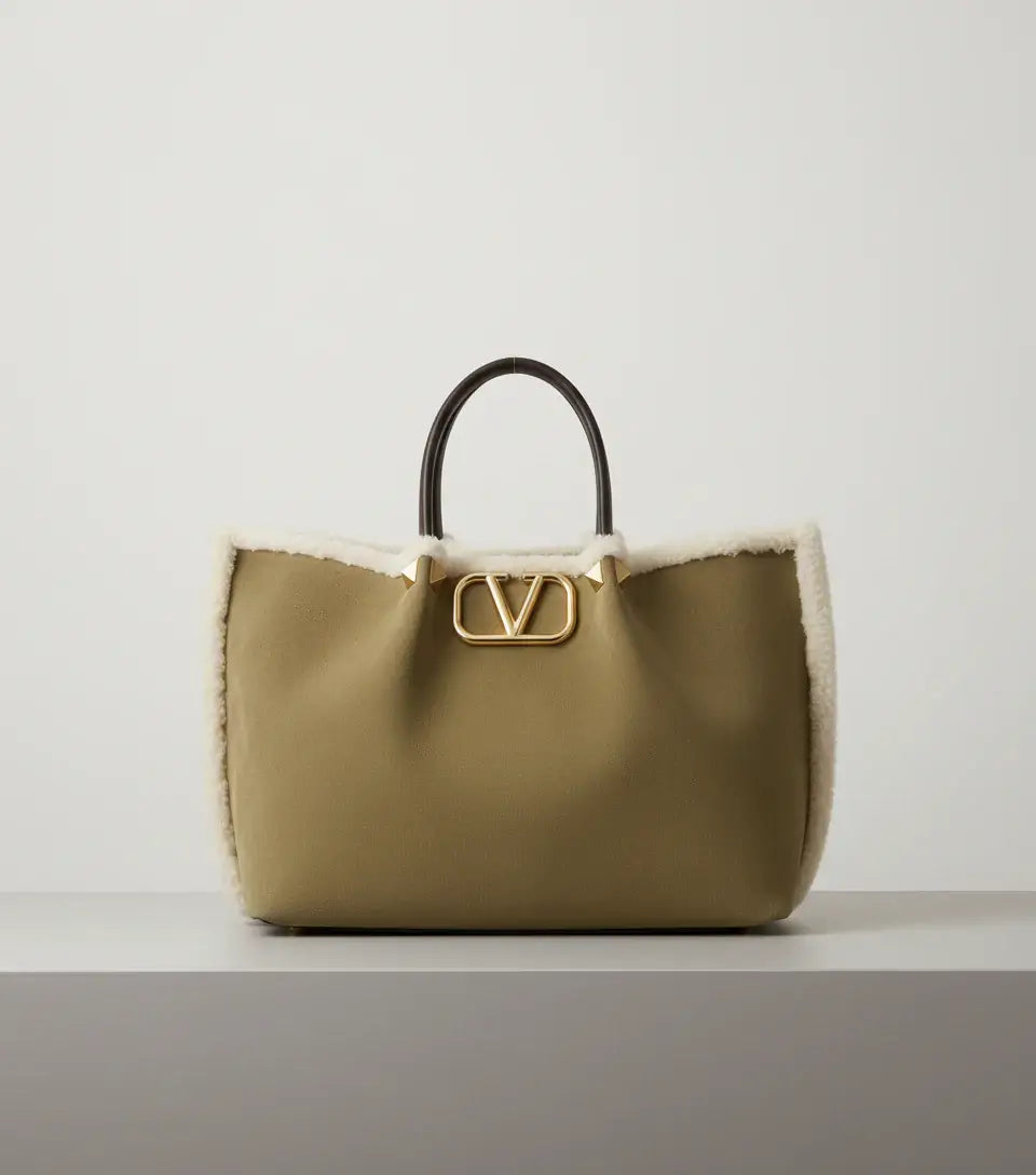 Beige handbag with shearling lining and gold logo on a white background