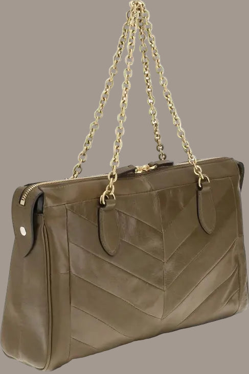 Green handbag with gold chain strap on a white background