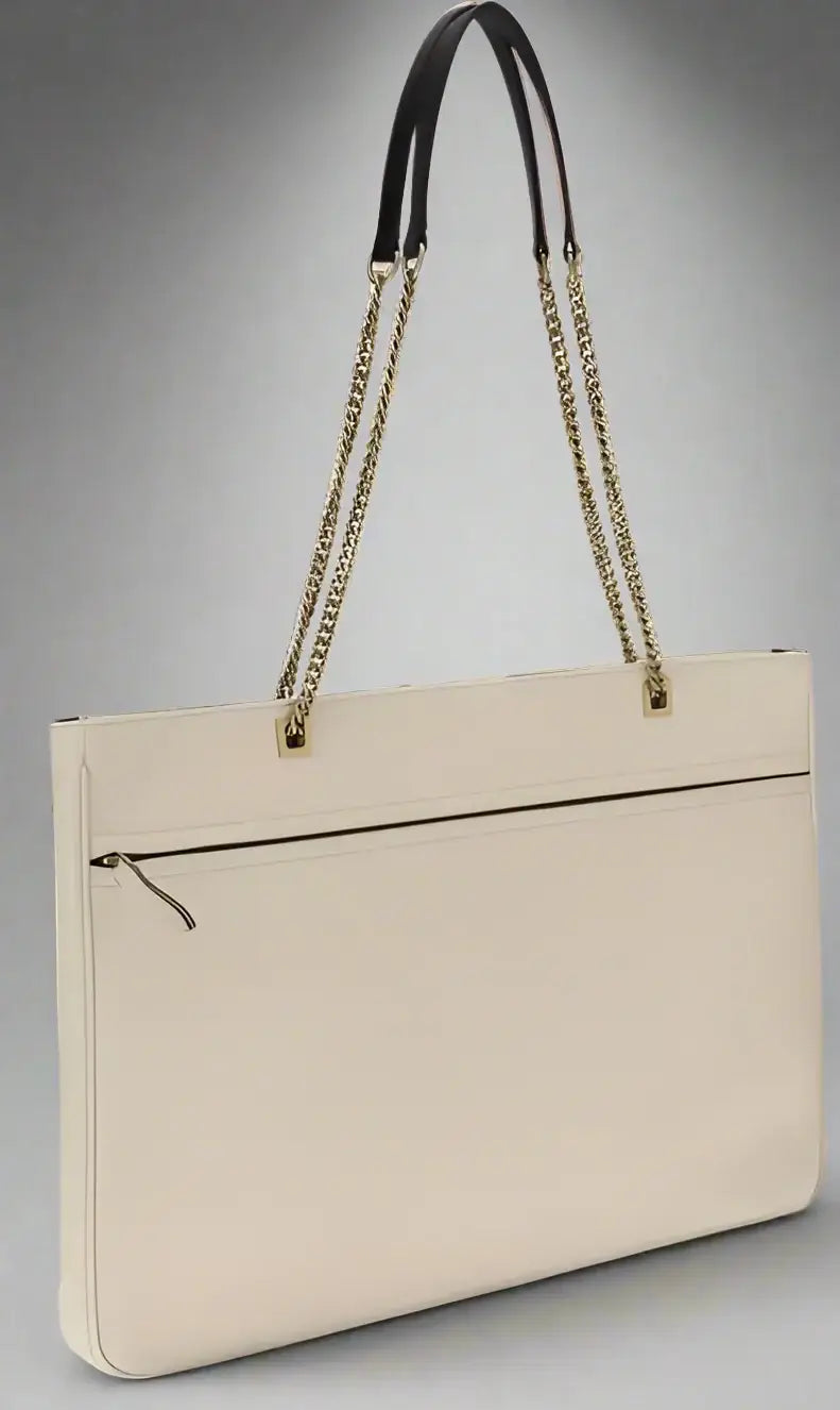 Beige handbag with black accents on a white background