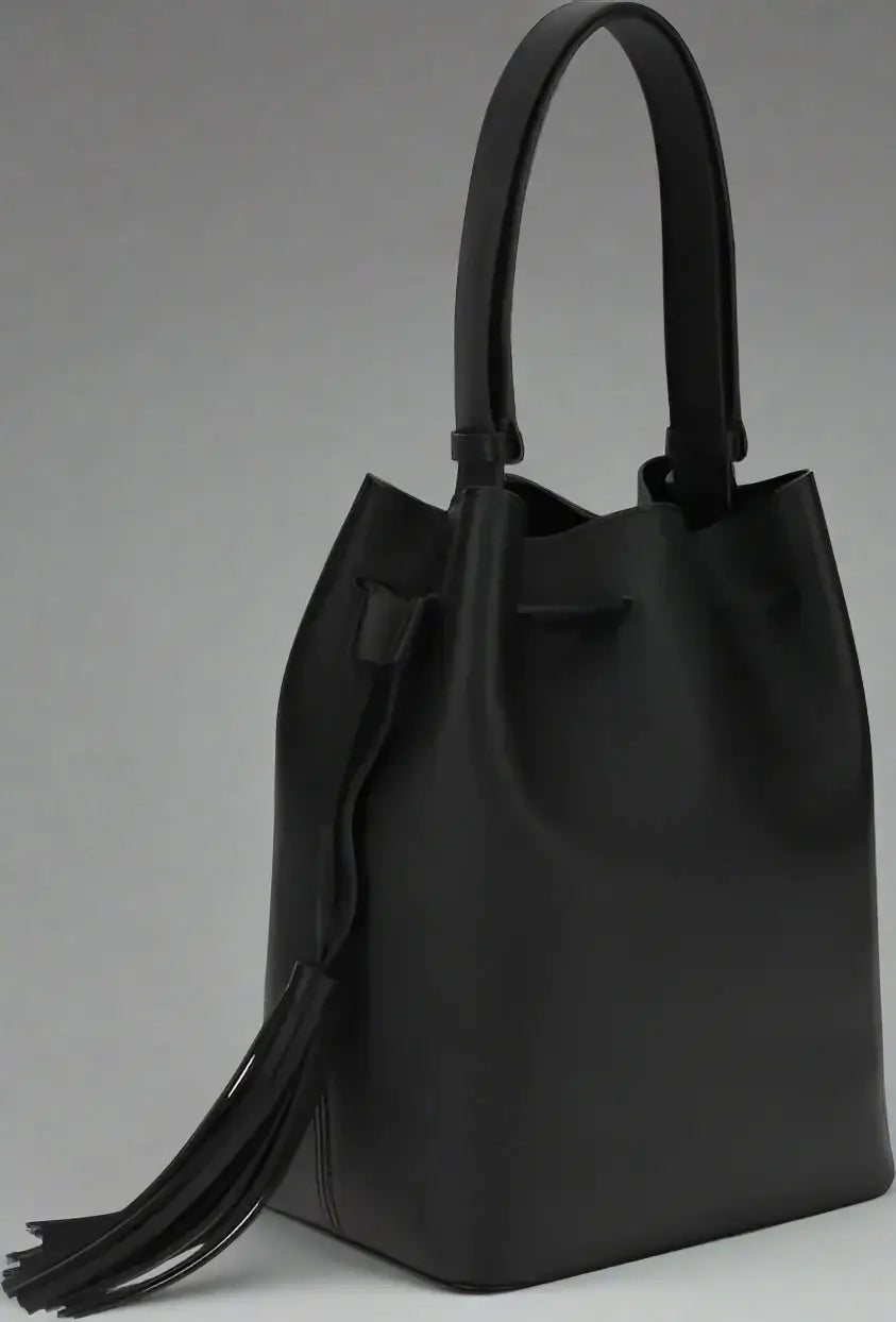 Black handbag with a drawstring on a white background