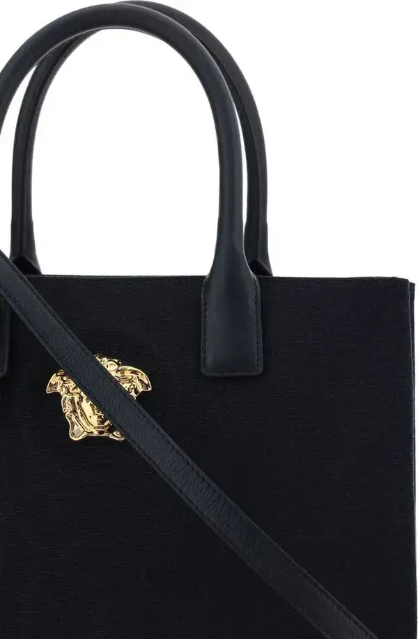 VERSACE women's black Cotton Medusa plaque Shoulder Bag