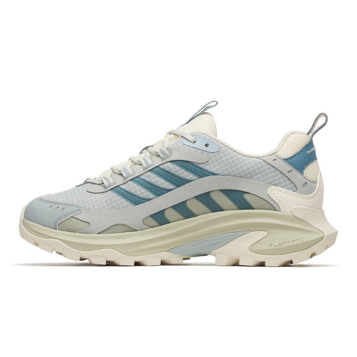 Light blue and beige sneaker with three stripes on a white background