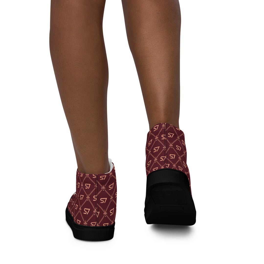 S7 Burgundy Royale women’s high-top canvas sneakers featuring rose-gold-tone S7 monograms and ornate diamond lattice on burgundy with black accents.