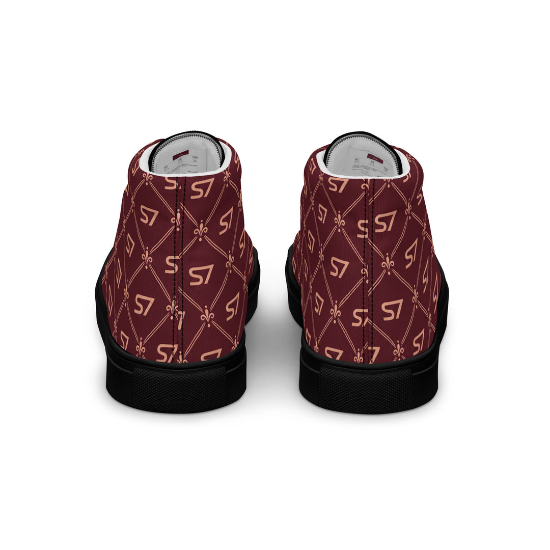 S7 Burgundy Royale women’s high-top canvas sneakers featuring rose-gold-tone S7 monograms and ornate diamond lattice on burgundy with black accents.