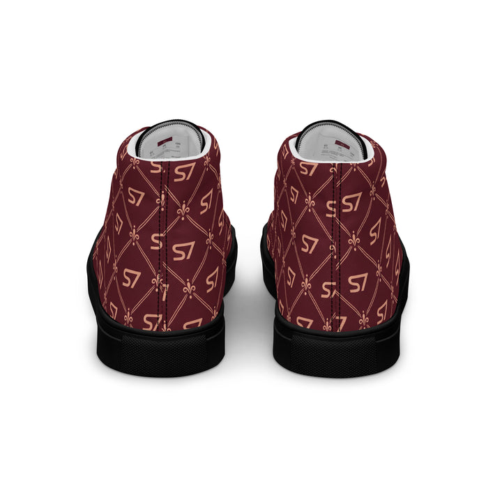 S7 Burgundy Royale women’s high-top canvas sneakers featuring rose-gold-tone S7 monograms and ornate diamond lattice on burgundy with black accents.