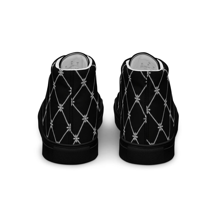 S7 Noir Lattice women’s sneakers featuring a fine white diamond lattice and ornamental print on a black background.