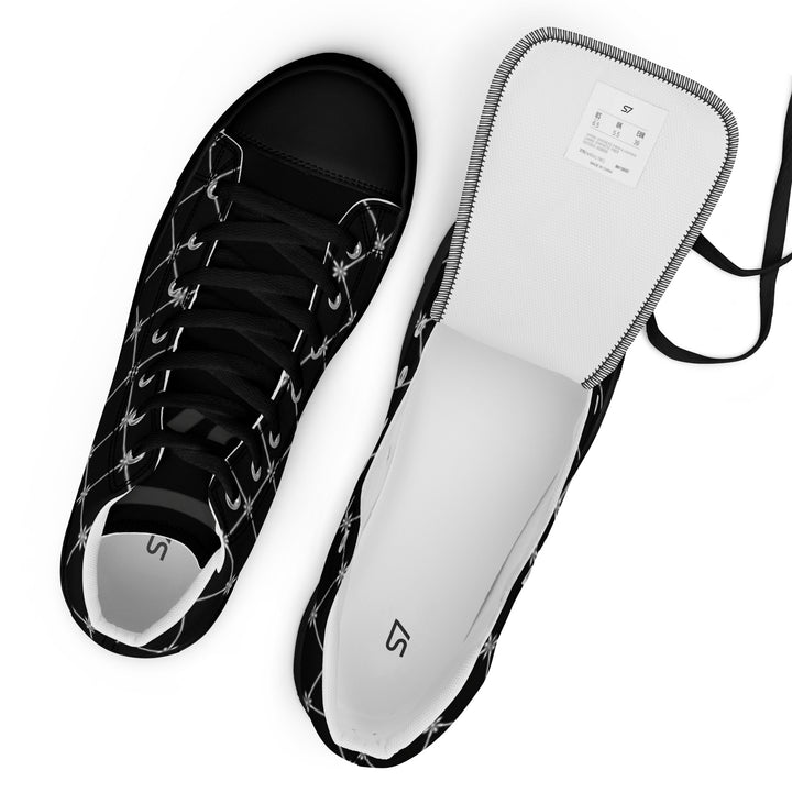 S7 Noir Lattice women’s sneakers featuring a fine white diamond lattice and ornamental print on a black background.