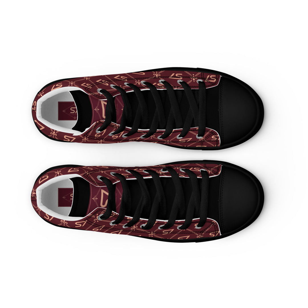 S7 Burgundy Royale women’s high-top canvas sneakers featuring rose-gold-tone S7 monograms and ornate diamond lattice on burgundy with black accents.