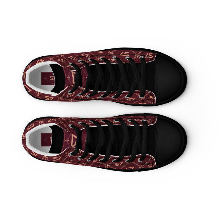 S7 Burgundy Royale women’s high-top canvas sneakers featuring rose-gold-tone S7 monograms and ornate diamond lattice on burgundy with black accents.