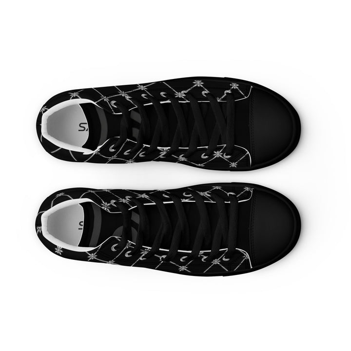 S7 Noir Lattice women’s sneakers featuring a fine white diamond lattice and ornamental print on a black background.