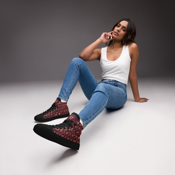 S7 Burgundy Royale women’s high-top canvas sneakers featuring rose-gold-tone S7 monograms and ornate diamond lattice on burgundy with black accents.