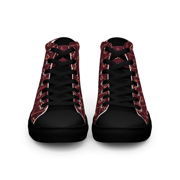 S7 Burgundy Royale women’s high-top canvas sneakers featuring rose-gold-tone S7 monograms and ornate diamond lattice on burgundy with black accents.