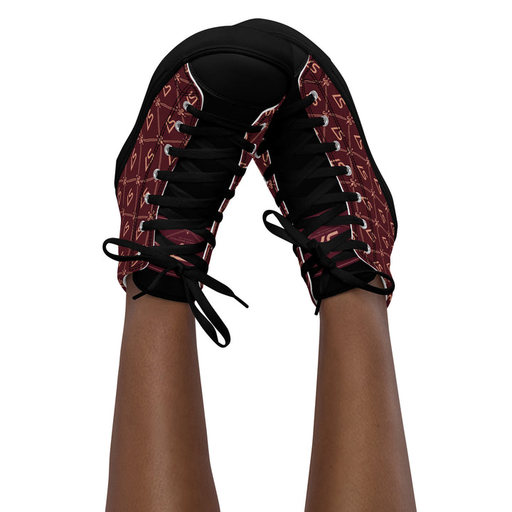 S7 Burgundy Royale women’s high-top canvas sneakers featuring rose-gold-tone S7 monograms and ornate diamond lattice on burgundy with black accents.