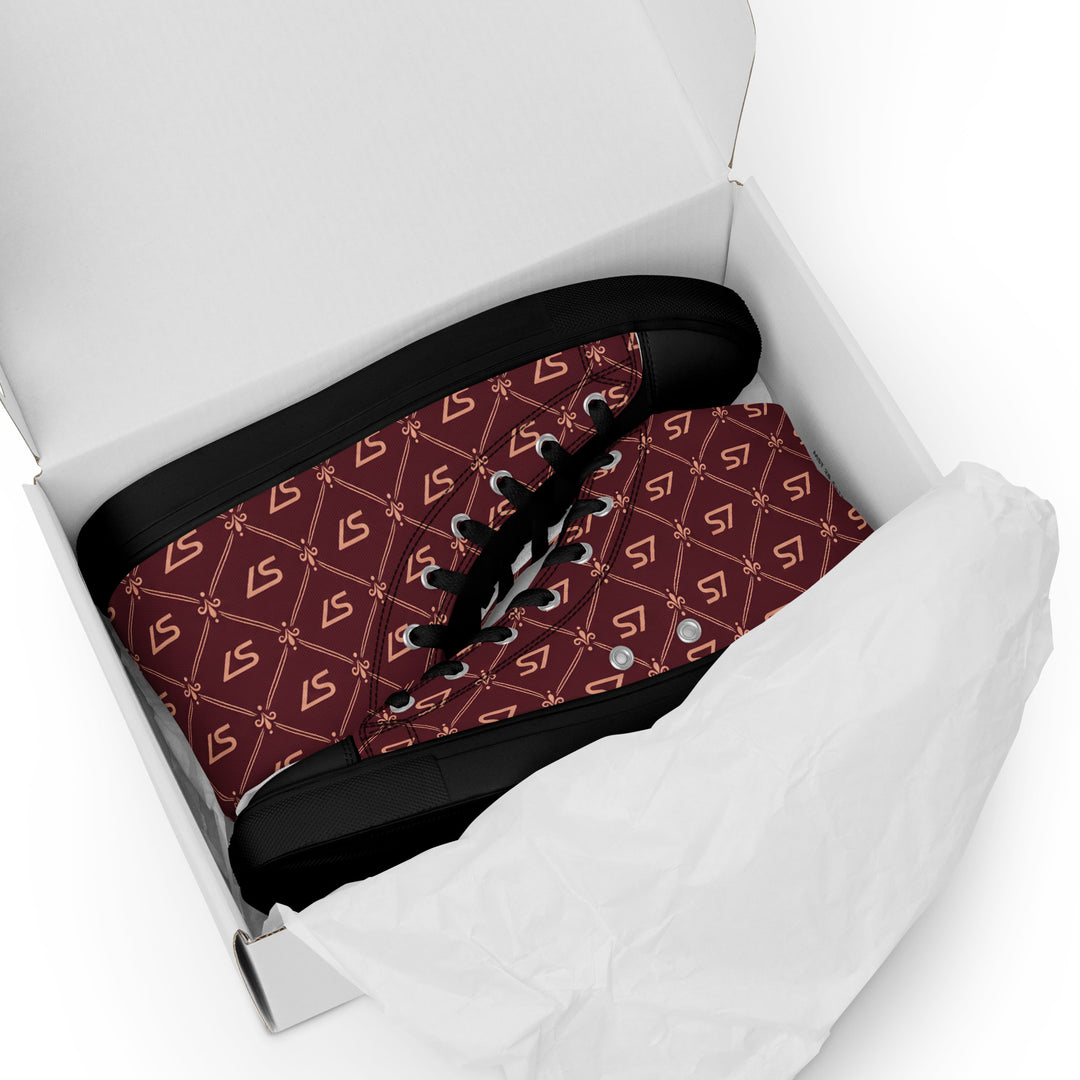S7 Burgundy Royale women’s high-top canvas sneakers featuring rose-gold-tone S7 monograms and ornate diamond lattice on burgundy with black accents.