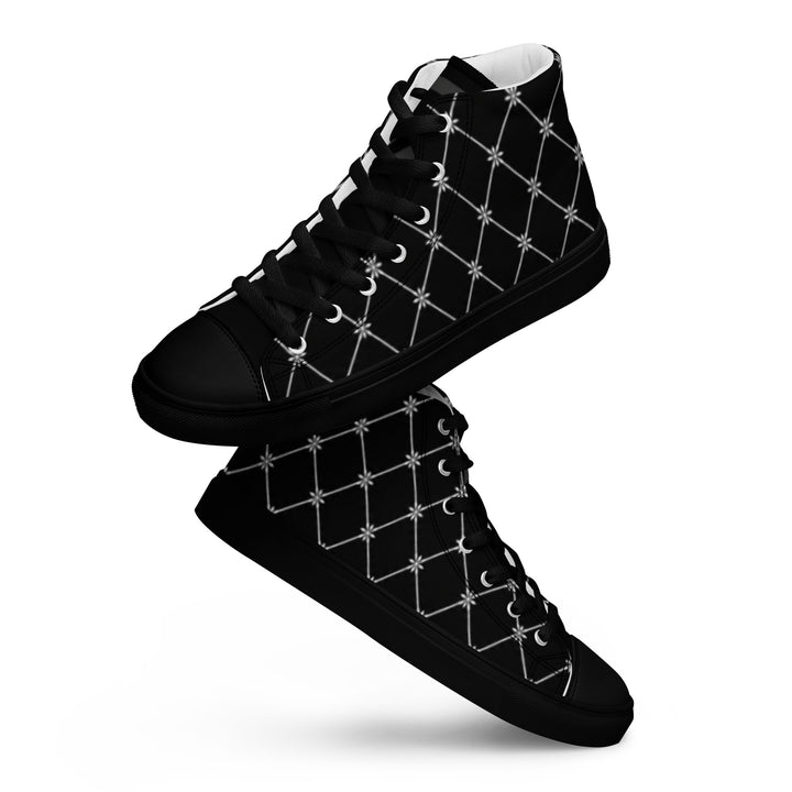 S7 Noir Lattice women’s sneakers featuring a fine white diamond lattice and ornamental print on a black background.