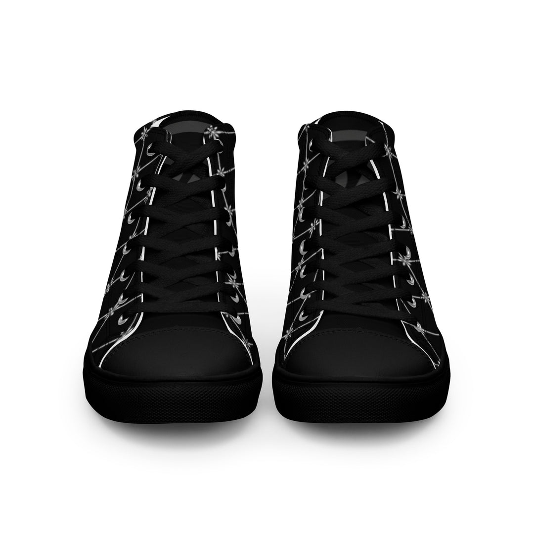 S7 Noir Lattice women’s sneakers featuring a fine white diamond lattice and ornamental print on a black background.