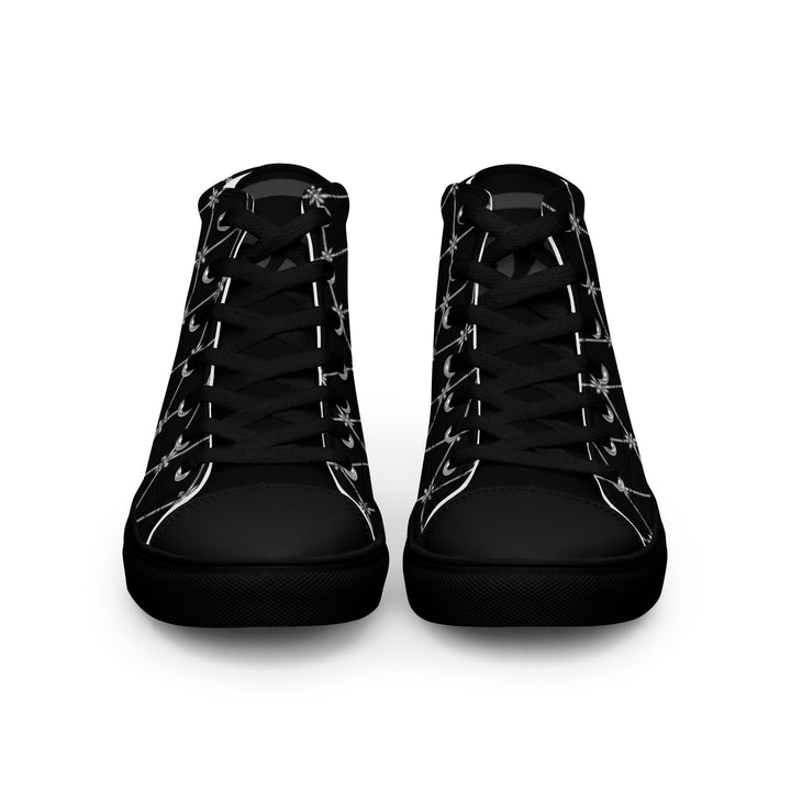 S7 Noir Lattice women’s sneakers featuring a fine white diamond lattice and ornamental print on a black background.