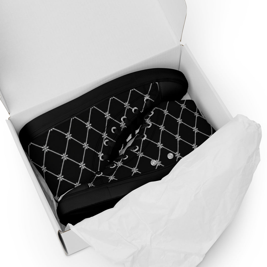 S7 Noir Lattice women’s sneakers featuring a fine white diamond lattice and ornamental print on a black background.