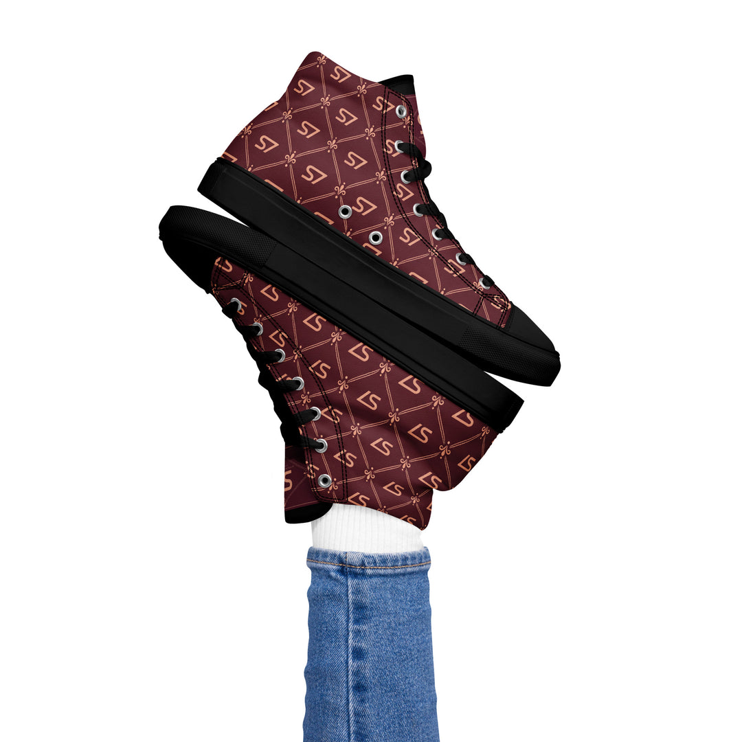 S7 Burgundy Royale women’s high-top canvas sneakers featuring rose-gold-tone S7 monograms and ornate diamond lattice on burgundy with black accents.