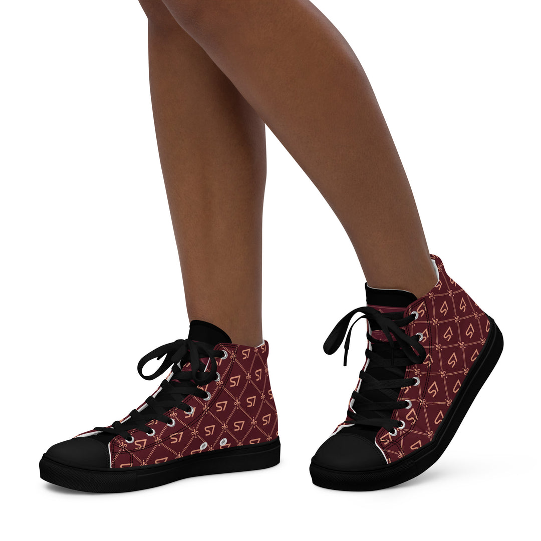 S7 Burgundy Royale women’s high-top canvas sneakers featuring rose-gold-tone S7 monograms and ornate diamond lattice on burgundy with black accents.