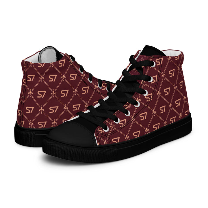 S7 Burgundy Royale women’s high-top canvas sneakers featuring rose-gold-tone S7 monograms and ornate diamond lattice on burgundy with black accents.