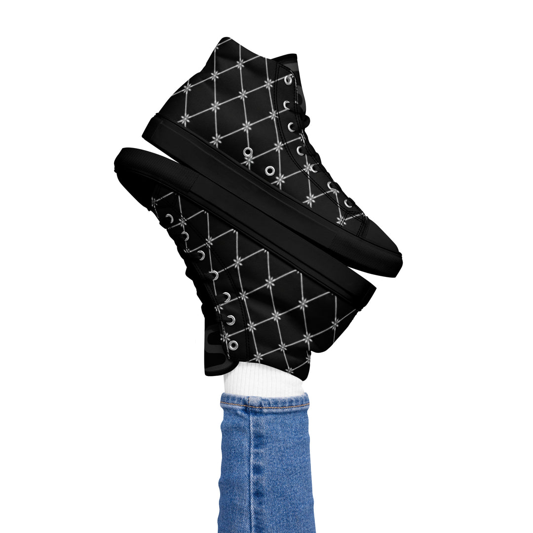 S7 Noir Lattice women’s sneakers featuring a fine white diamond lattice and ornamental print on a black background.