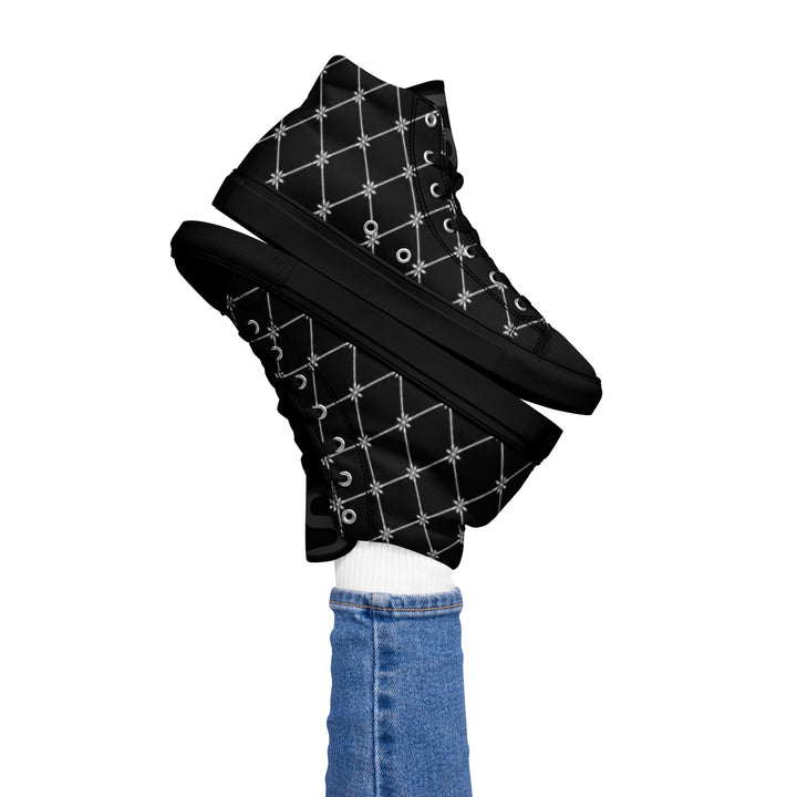 S7 Noir Lattice women’s sneakers featuring a fine white diamond lattice and ornamental print on a black background.