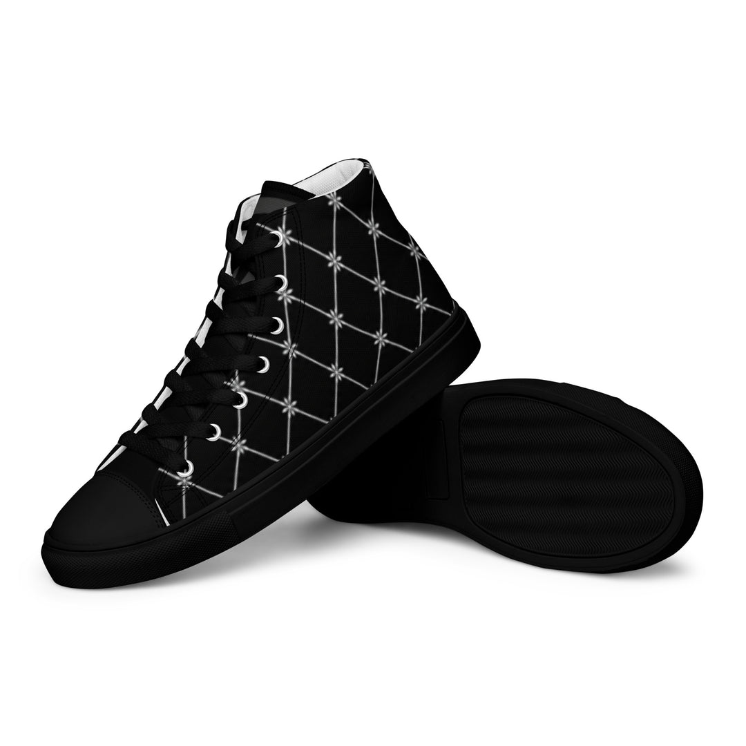 S7 Noir Lattice women’s sneakers featuring a fine white diamond lattice and ornamental print on a black background.