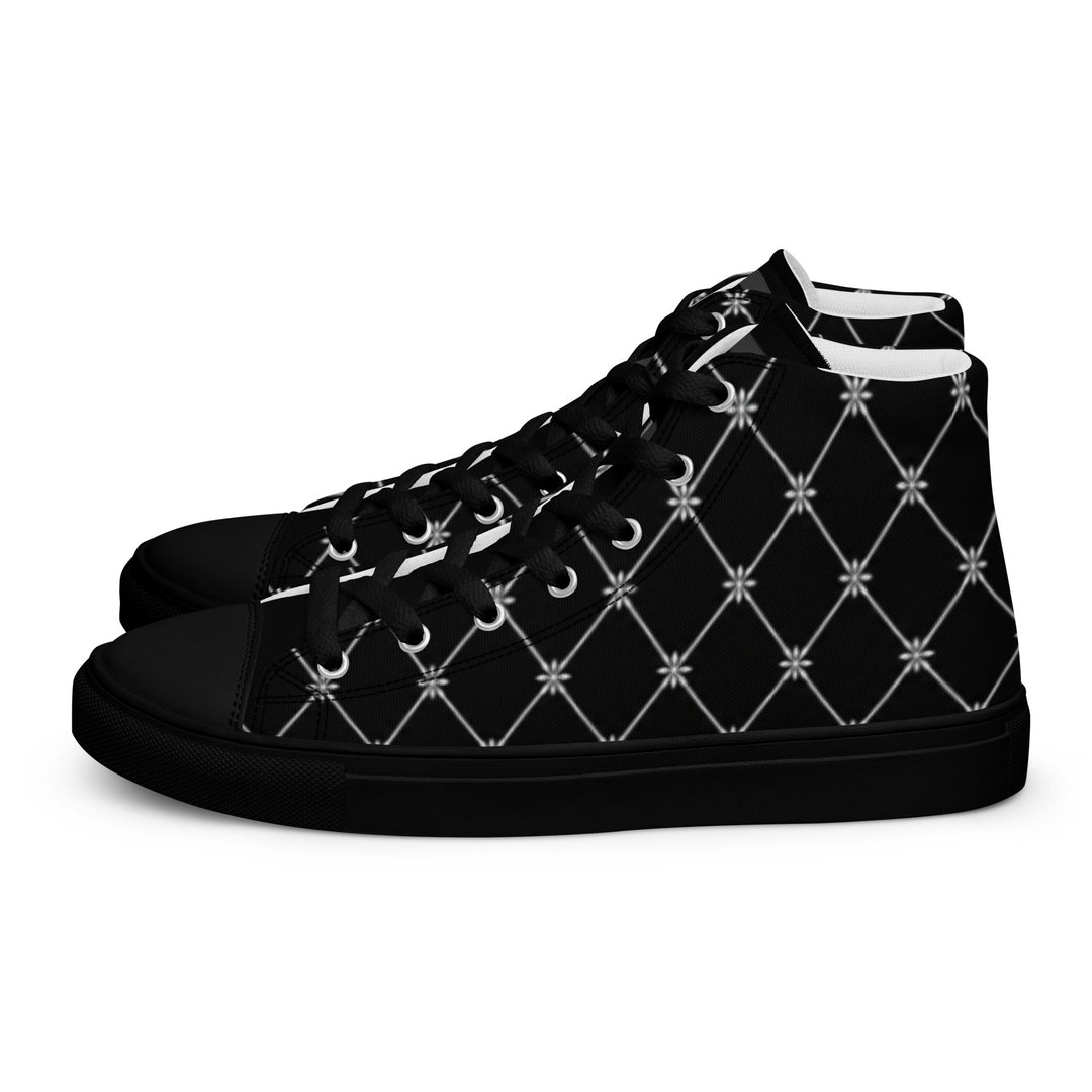 S7 Noir Lattice women’s sneakers featuring a fine white diamond lattice and ornamental print on a black background.