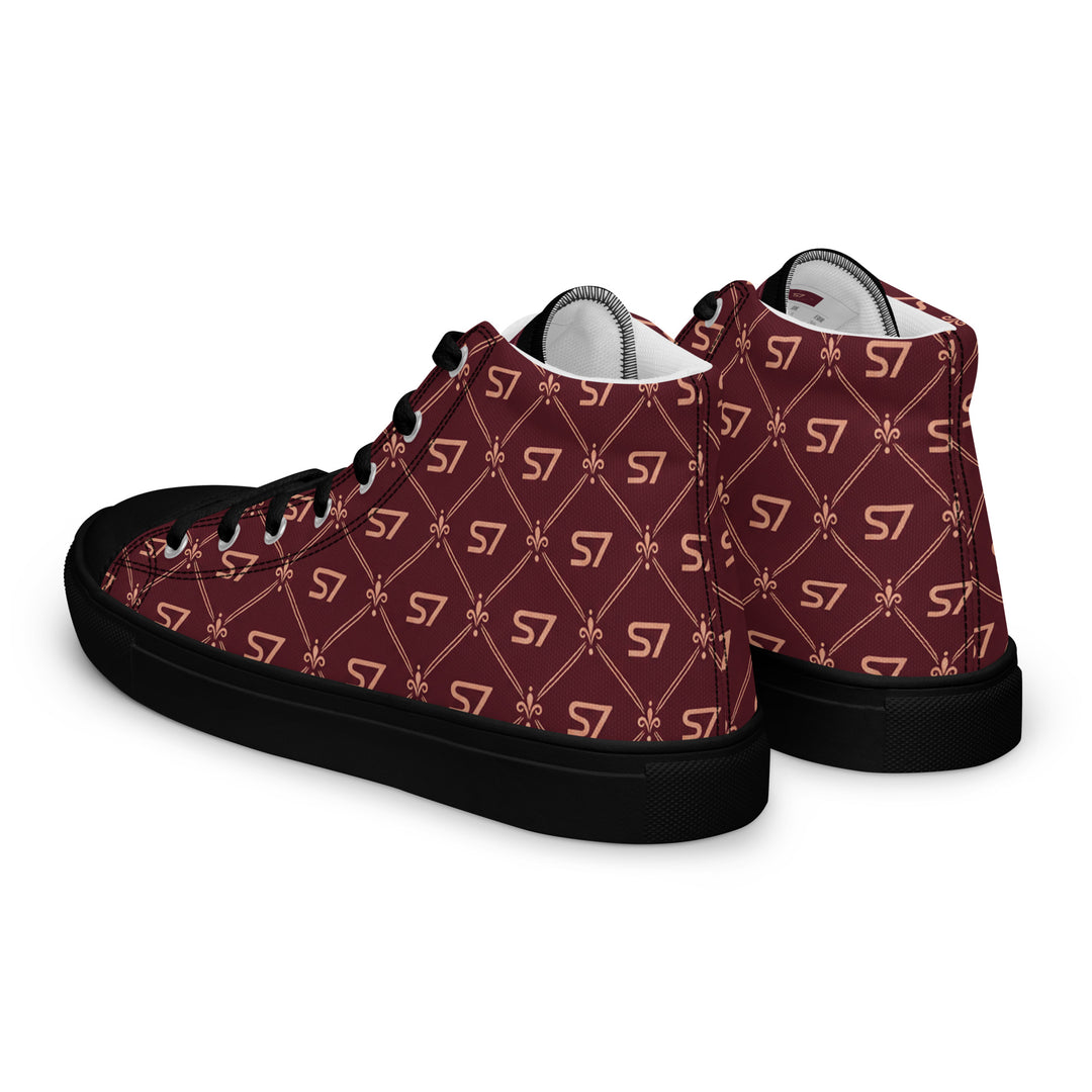 S7 Burgundy Royale women’s high-top canvas sneakers featuring rose-gold-tone S7 monograms and ornate diamond lattice on burgundy with black accents.