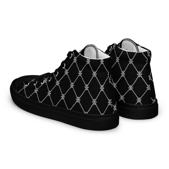 S7 Noir Lattice women’s sneakers featuring a fine white diamond lattice and ornamental print on a black background.