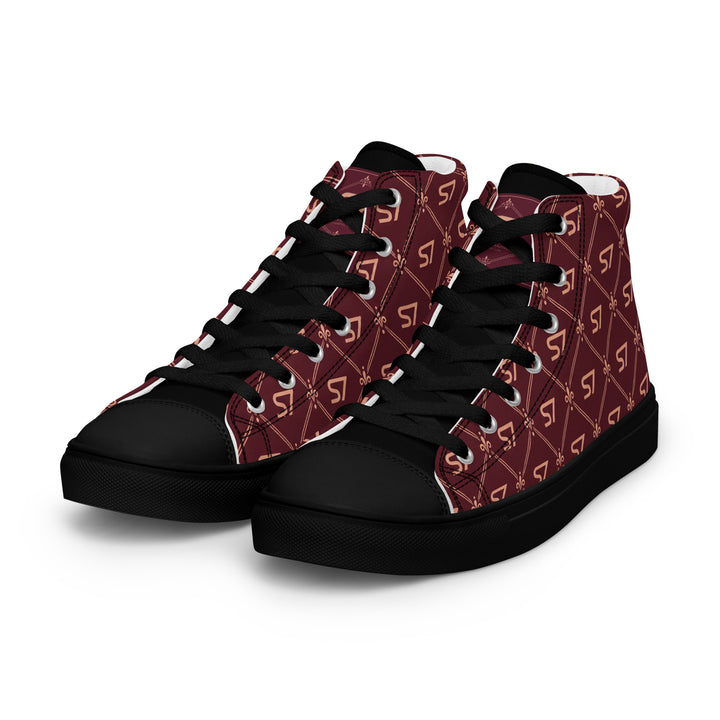 S7 Burgundy Royale women’s high-top canvas sneakers featuring rose-gold-tone S7 monograms and ornate diamond lattice on burgundy with black accents.