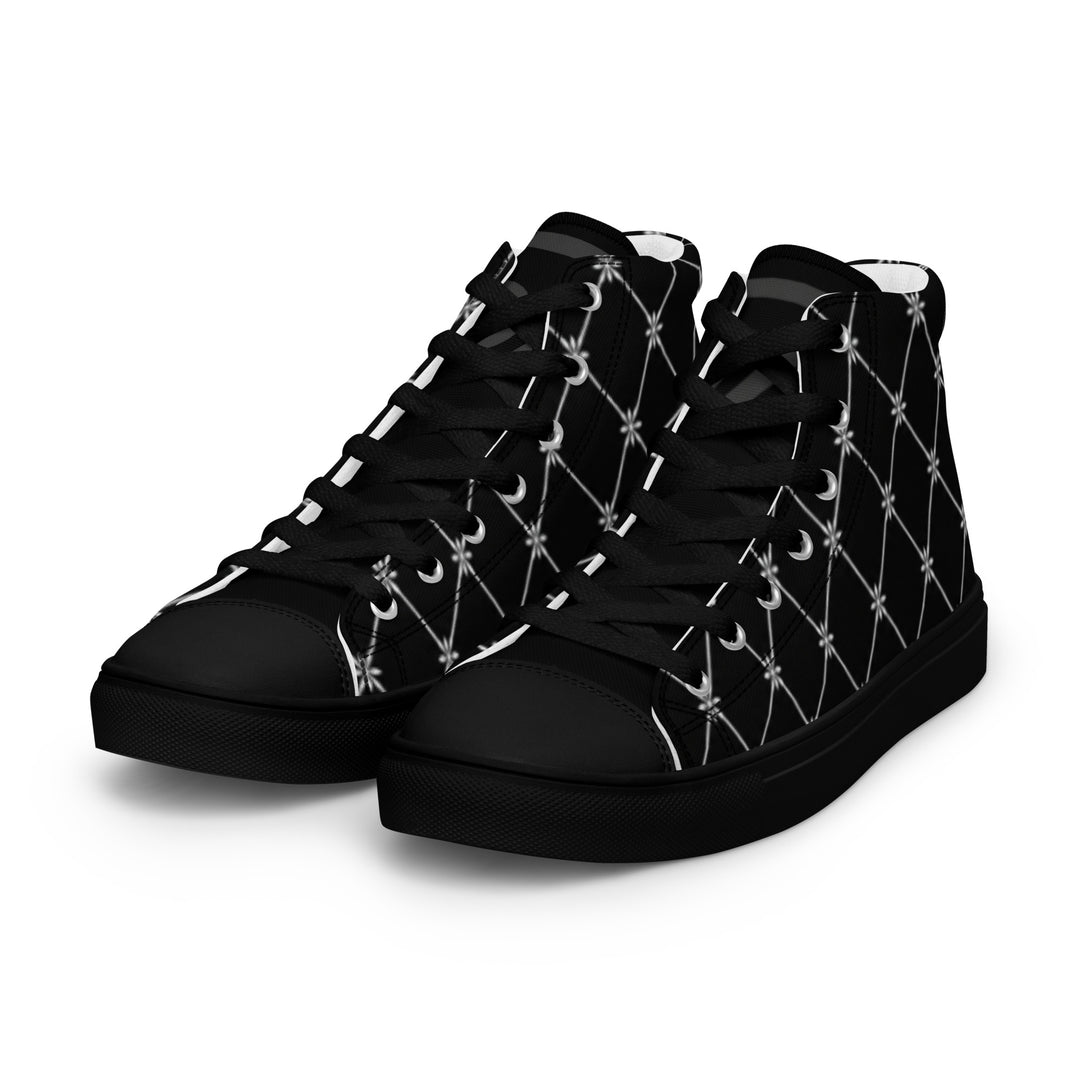 S7 Noir Lattice women’s sneakers featuring a fine white diamond lattice and ornamental print on a black background.