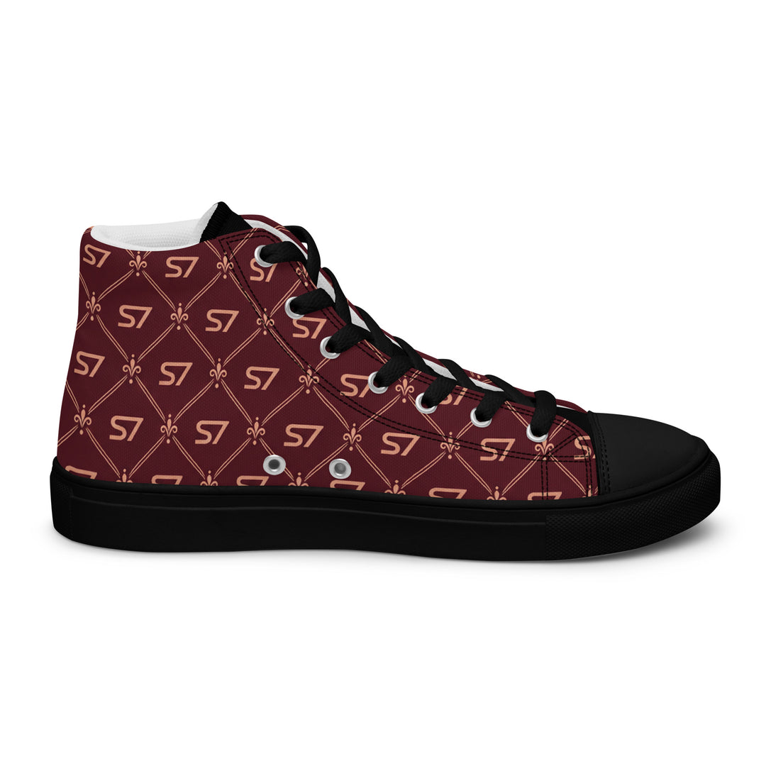 S7 Burgundy Royale women’s high-top canvas sneakers featuring rose-gold-tone S7 monograms and ornate diamond lattice on burgundy with black accents.