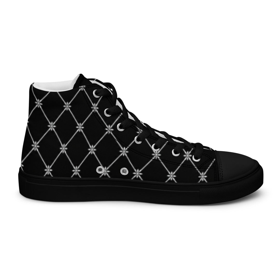 S7 Noir Lattice women’s sneakers featuring a fine white diamond lattice and ornamental print on a black background.