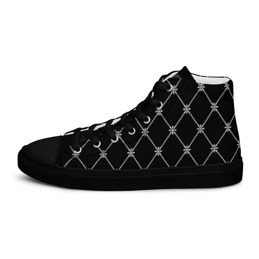 S7 Noir Lattice women’s sneakers featuring a fine white diamond lattice and ornamental print on a black background.