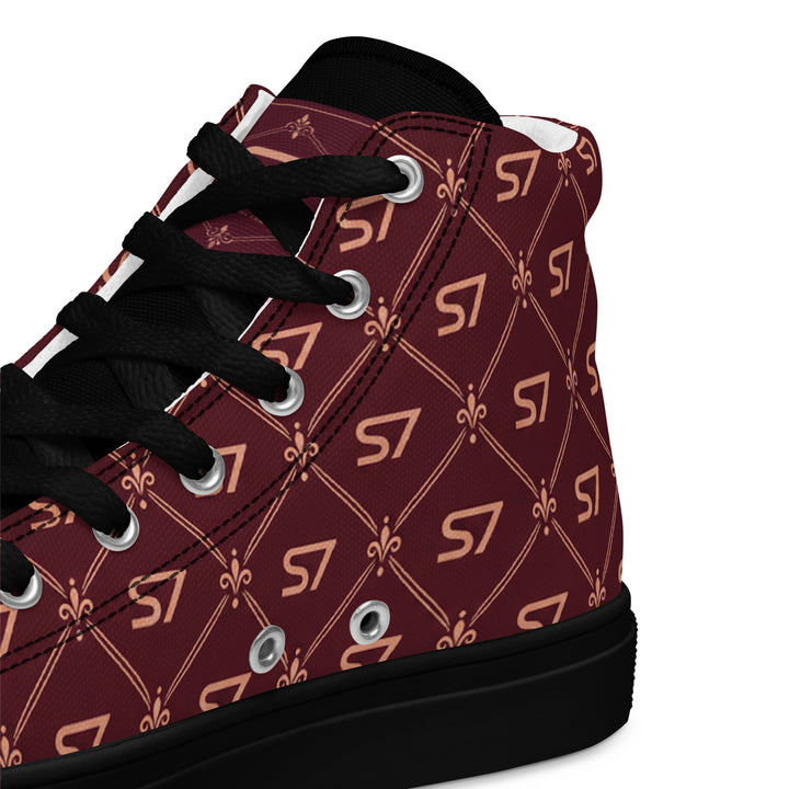 S7 Burgundy Royale women’s high-top canvas sneakers featuring rose-gold-tone S7 monograms and ornate diamond lattice on burgundy with black accents.