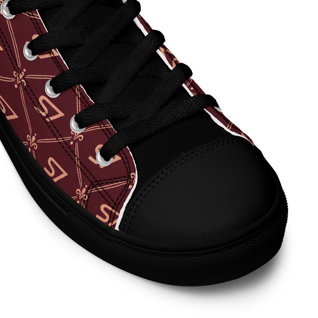 S7 Burgundy Royale women’s high-top canvas sneakers featuring rose-gold-tone S7 monograms and ornate diamond lattice on burgundy with black accents.