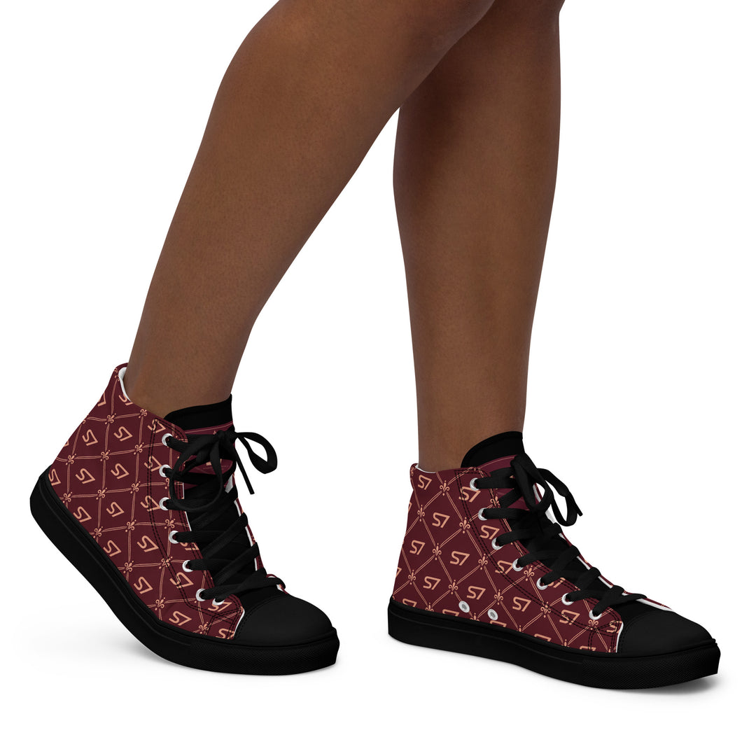S7 Burgundy Royale women’s high-top canvas sneakers featuring rose-gold-tone S7 monograms and ornate diamond lattice on burgundy with black accents.