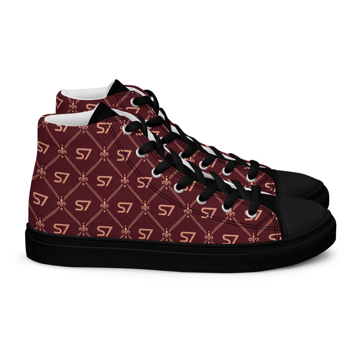 S7 Burgundy Royale women’s high-top canvas sneakers featuring rose-gold-tone S7 monograms and ornate diamond lattice on burgundy with black accents.