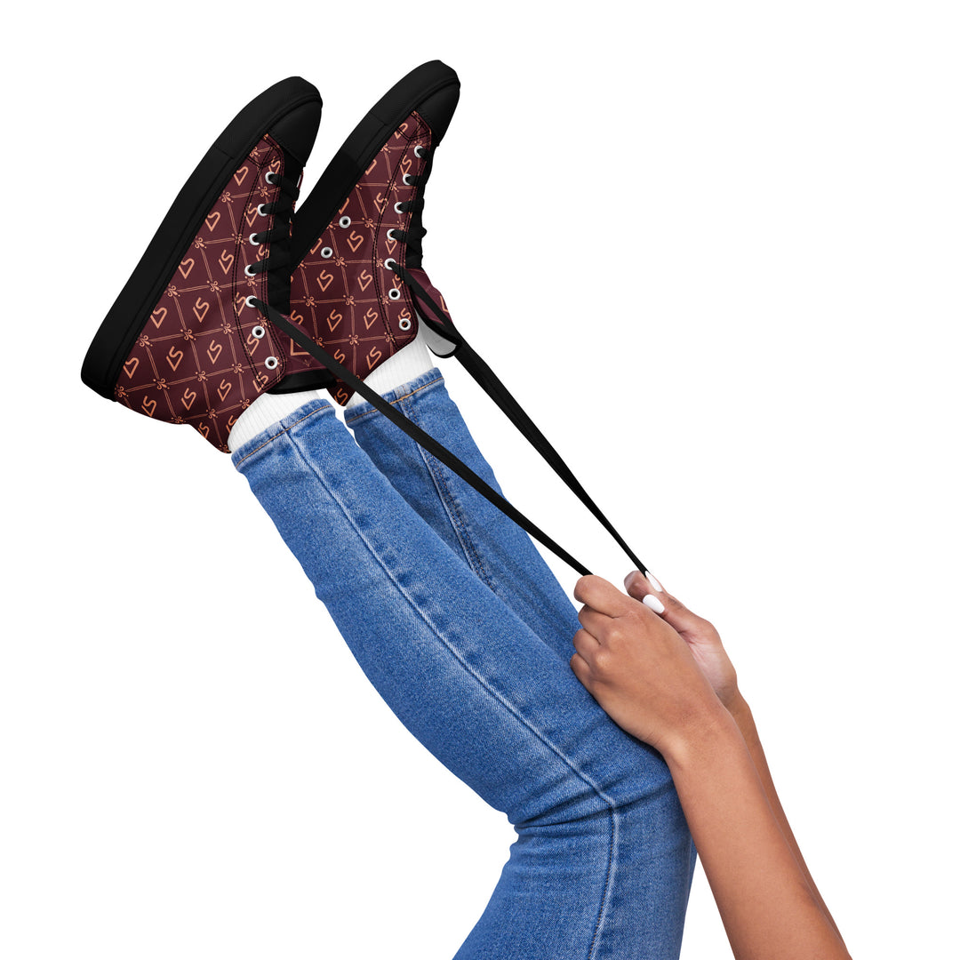 S7 Burgundy Royale women’s high-top canvas sneakers featuring rose-gold-tone S7 monograms and ornate diamond lattice on burgundy with black accents.