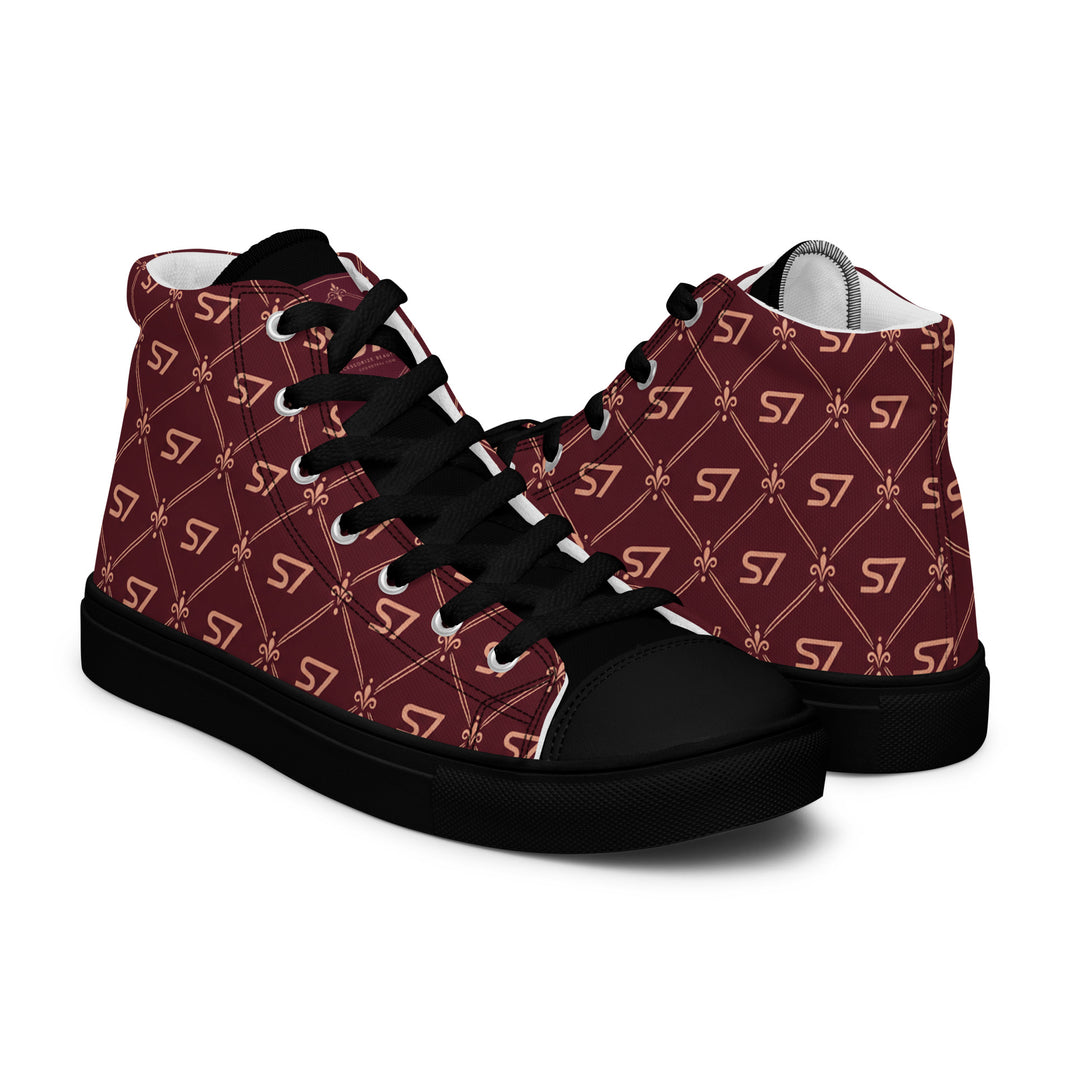 S7 Burgundy Royale women’s high-top canvas sneakers featuring rose-gold-tone S7 monograms and ornate diamond lattice on burgundy with black accents.